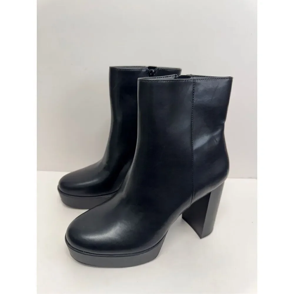 Alfani Boots Size 8.5 Black Almond Toe Faux Leather High Heel Side Zip NEW‎